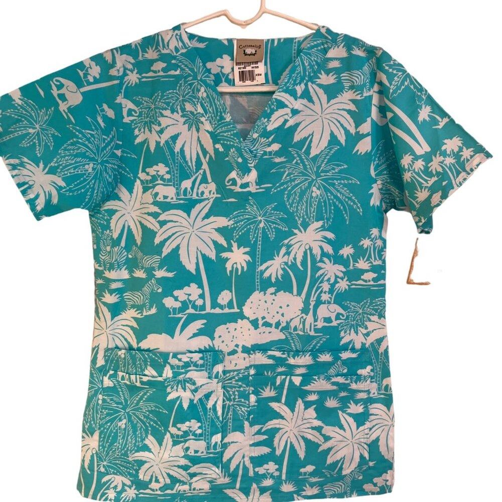 Cottonality Tropical Scrubs l beach blue and white palm trees l NWTl XS